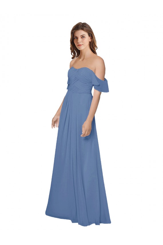 Soft Chiffon Open Back Long Off the Shoulder Windsor Blue A-Line Bridesmaid Dress Sudbury