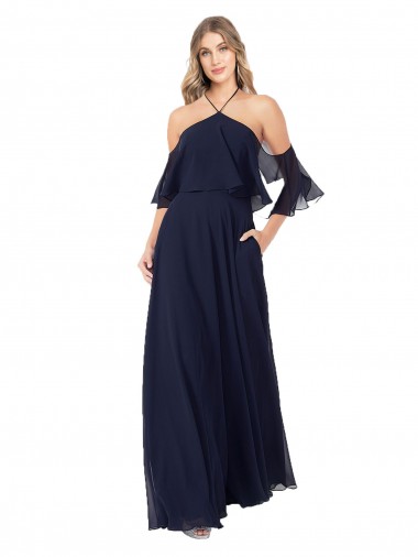 Soft Chiffon Long Halter Neck Dark Navy A-Line Formal Dress / Bridesmaid Dress Sudbury