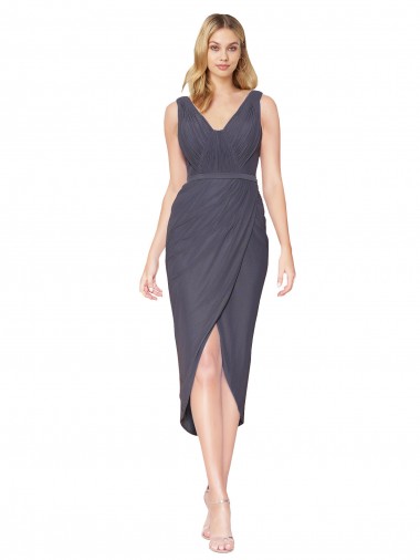 Soft Chiffon V-Back Cocktail Length V-Neck Slate Grey Mermaid High Low Evening Gown / Prom Dress / Bridesmaid Dress Sudbury