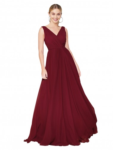 Soft Chiffon V-Back Long V-Neck Burgundy A-Line Formal Dress / Bridesmaid Dress Sudbury
