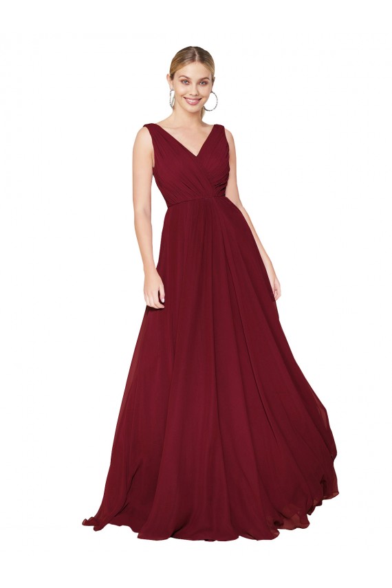 Soft Chiffon V-Back Long V-Neck Burgundy A-Line Formal Dress / Bridesmaid Dress Sudbury