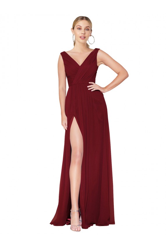 Soft Chiffon V-Back Long V-Neck A-Line Black Tie Evening Gown / Prom Dress / Bridesmaid Dress Sudbury