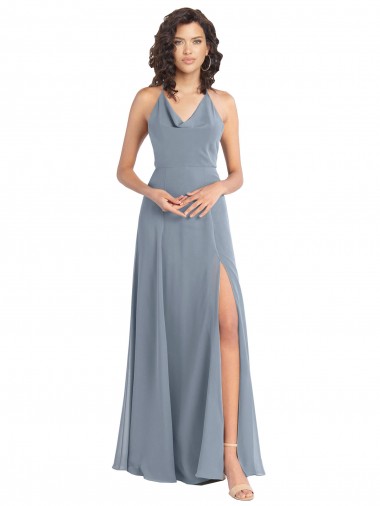 Soft Chiffon V-Back Long Halter Neck Dusty Blue A-Line Bridesmaid Dress Sudbury