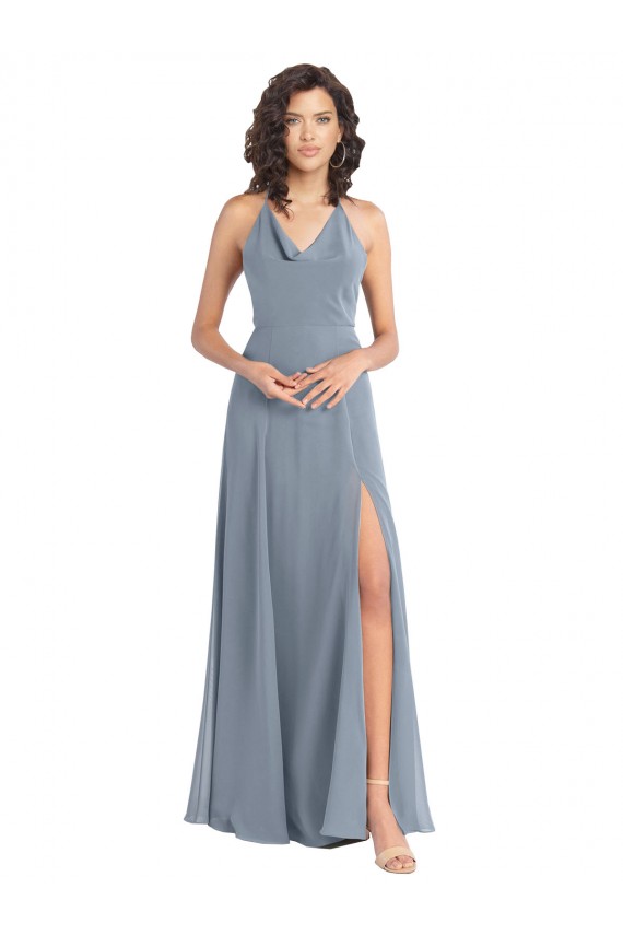 Soft Chiffon V-Back Long Halter Neck Dusty Blue A-Line Bridesmaid Dress Sudbury