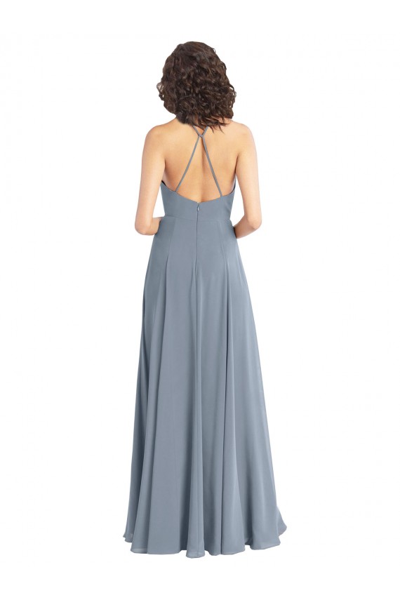 Soft Chiffon V-Back Long Halter Neck Dusty Blue A-Line Bridesmaid Dress Sudbury