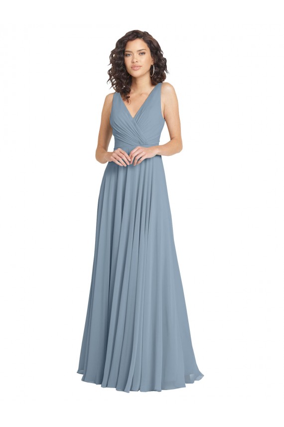 Soft Chiffon V-Back Long V-Neck Dusty Blue A-Line Bridesmaid Dress Sudbury