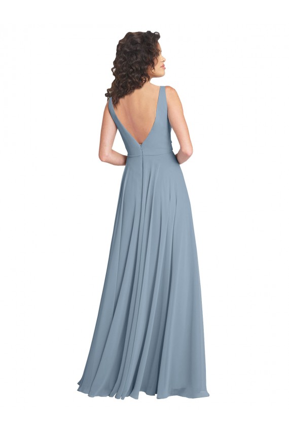 Soft Chiffon V-Back Long V-Neck Dusty Blue A-Line Bridesmaid Dress Sudbury