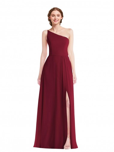 Soft Chiffon Long One Shoulder Burgundy A-Line Semi Formal Evening Dress / Bridesmaid Dress Sudbury