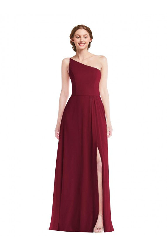 Soft Chiffon Long One Shoulder Burgundy A-Line Semi Formal Evening Dress / Bridesmaid Dress Sudbury