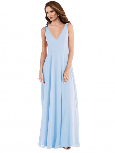Soft Chiffon Long V-Neck Light Sky Blue A-Line Semi Formal Evening Dress / Bridesmaid Dress Sudbury
