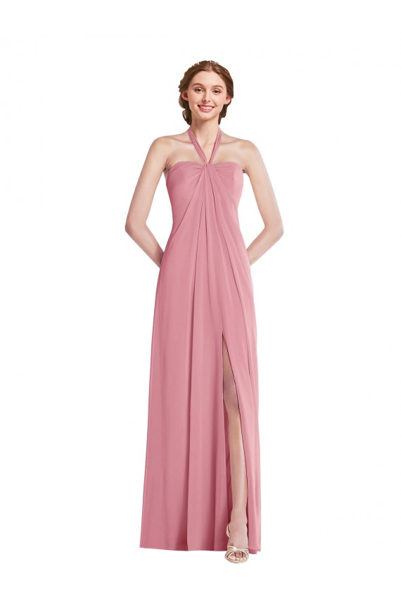 Soft Chiffon Open Back Long Halter Neck Skin Pink A-Line Semi Formal Evening Dress / Bridesmaid Dress Sudbury