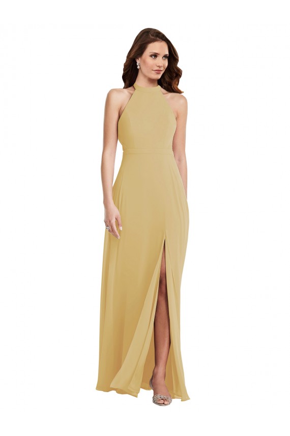 Soft Chiffon Criss Cross Open Back Long Halter Neck A-Line Semi Formal Evening Dress / Bridesmaid Dress Sudbury