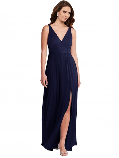 Soft Chiffon V-Back Long V-Neck Dark Navy A-Line Black Tie Evening Gown / Bridesmaid Dress Sudbury