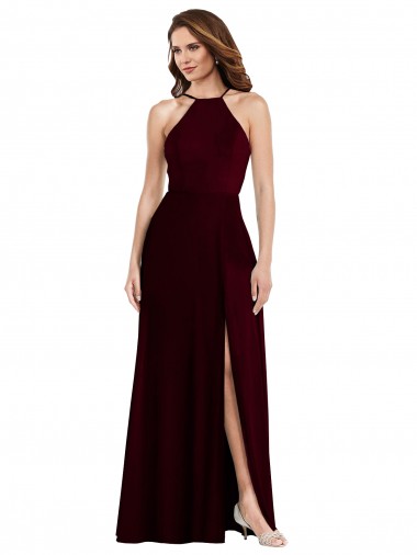 Soft Chiffon Low Back Long Spaghetti Straps Burgundy Gold A-Line Semi Formal Evening Dress / Bridesmaid Dress Sudbury