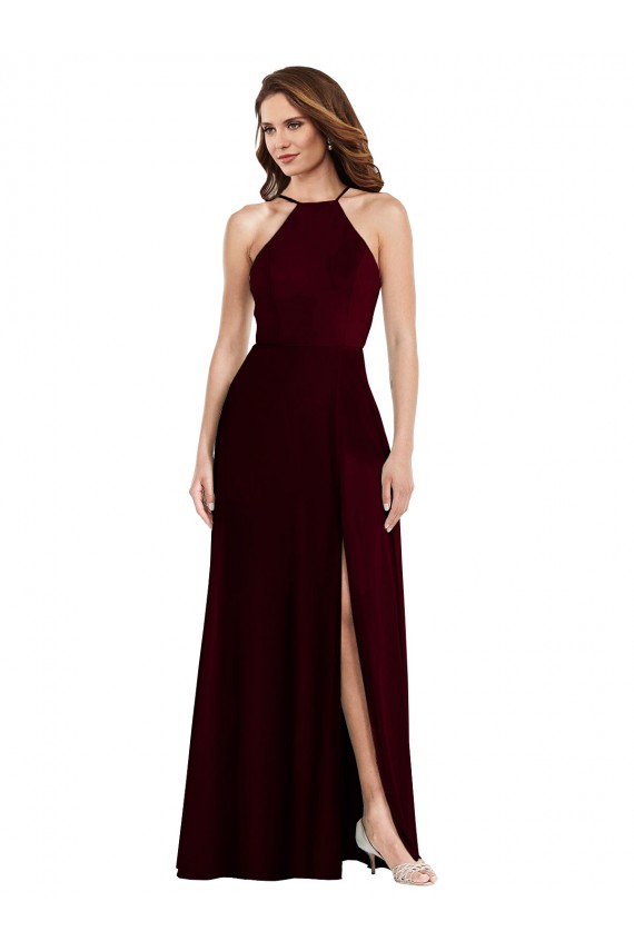 Soft Chiffon Low Back Long Spaghetti Straps Burgundy Gold A-Line Semi Formal Evening Dress / Bridesmaid Dress Sudbury