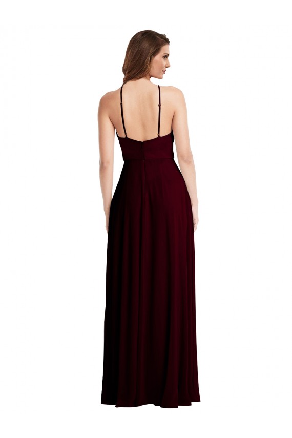 Soft Chiffon Low Back Long Spaghetti Straps Burgundy Gold A-Line Semi Formal Evening Dress / Bridesmaid Dress Sudbury