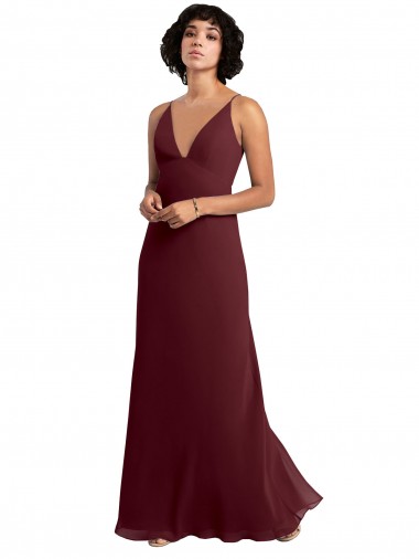 Soft Chiffon V-Back Long V-Neck Burgundy Gold A-Line Bridesmaid Dress / Formal Dress Sudbury