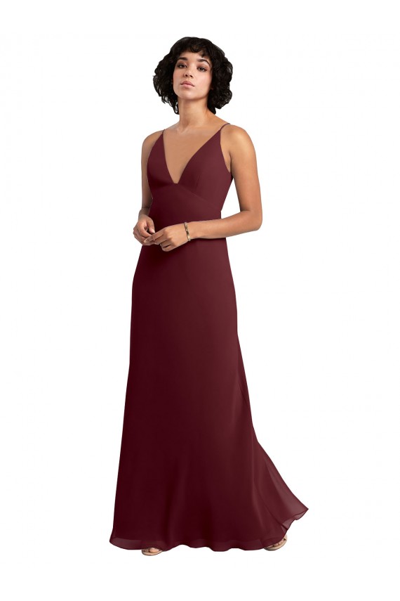 Soft Chiffon V-Back Long V-Neck Burgundy Gold A-Line Bridesmaid Dress / Formal Dress Sudbury