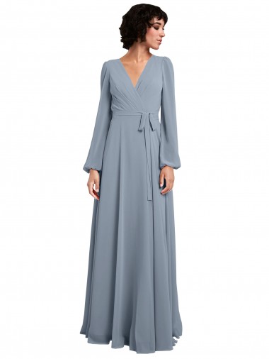 Soft Chiffon Long V-Neck Dusty Blue A-Line Bridesmaid Dress / Formal Dress Sudbury
