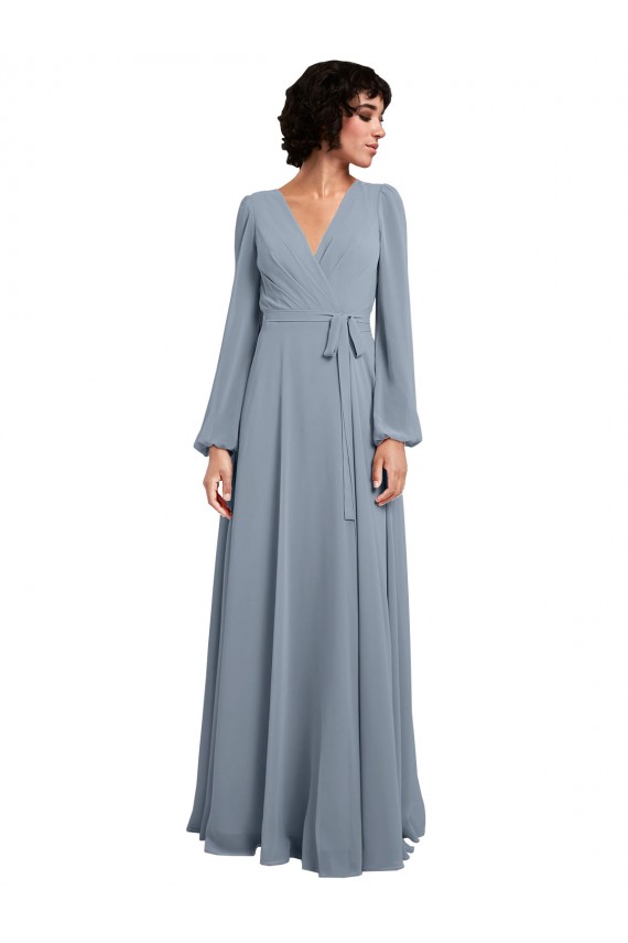 Soft Chiffon Long V-Neck Dusty Blue A-Line Bridesmaid Dress / Formal Dress Sudbury