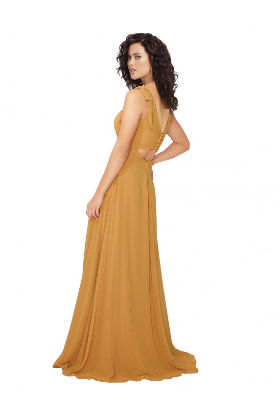Soft Chiffon Keyhole Back Sleeveless V-Neck Saffron A-Line Bridesmaid Dress Sudbury