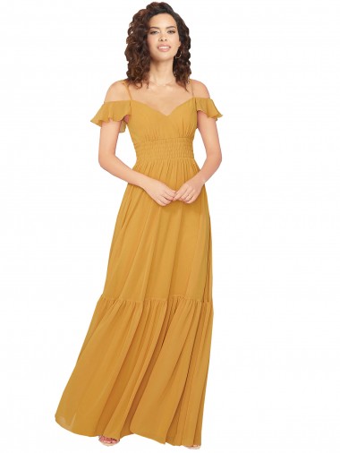 Soft Chiffon Keyhole Back Long V-Neck Saffron A-Line Bridesmaid Dress Sudbury