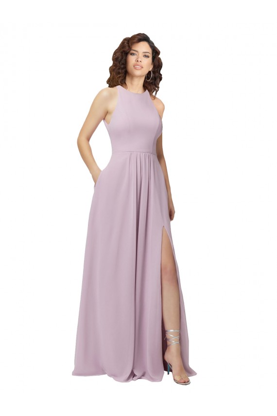 Soft Chiffon Keyhole Back Long Halter Neck Pink Glow A-Line Bridesmaid Dress Sudbury