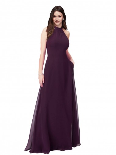Soft Chiffon Keyhole Back Long Halter Neck Grape A-Line Bridesmaid Dress Sudbury