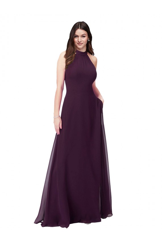 Soft Chiffon Keyhole Back Long Halter Neck Grape A-Line Bridesmaid Dress Sudbury