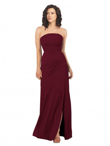 Soft Chiffon Long Strapless Burgundy Sheath Bridesmaid Dress Sudbury
