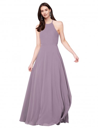 Chiffon Keyhole Back Long Halter Neck Dark Lavender A-Line Bridesmaid Dress / Evening Dress Sudbury