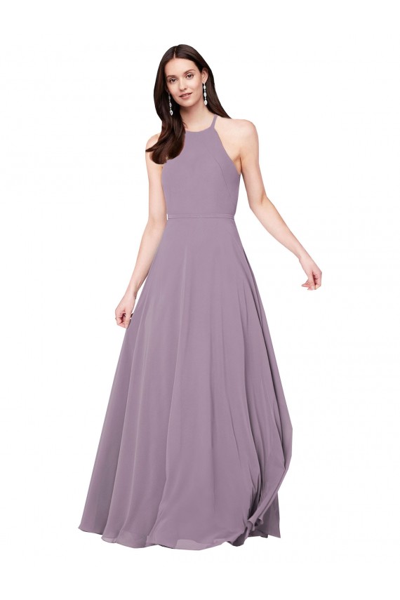 Chiffon Keyhole Back Long Halter Neck Dark Lavender A-Line Bridesmaid Dress / Evening Dress Sudbury