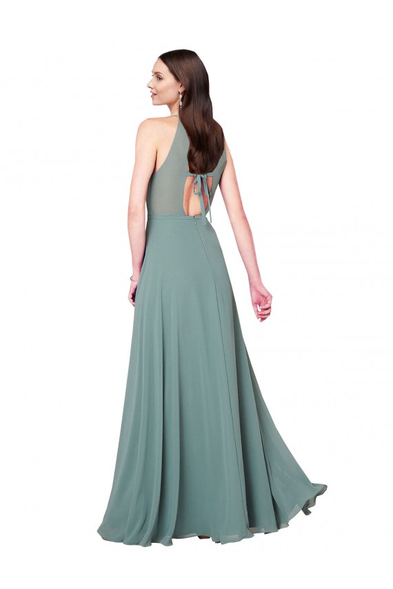 Chiffon Keyhole Back Long Halter Neck Dark Lavender A-Line Bridesmaid Dress / Evening Dress Sudbury