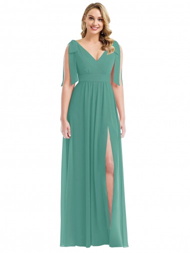 Soft Chiffon V-Back Long V-Neck Icelandic Silver A-Line Semi Formal Evening Dress / Bridesmaid Dress Sudbury