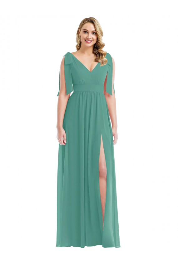 Soft Chiffon V-Back Long V-Neck Icelandic Silver A-Line Semi Formal Evening Dress / Bridesmaid Dress Sudbury