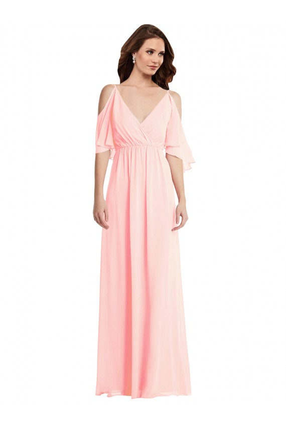 Soft Chiffon V-Back Long V-Neck Pink A-Line Semi Formal Evening Dress / Bridesmaid Dress Sudbury
