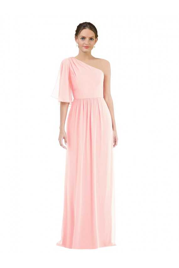 Soft Chiffon Long One Shoulder Pink A-Line Semi Formal Evening Dress / Bridesmaid Dress Sudbury