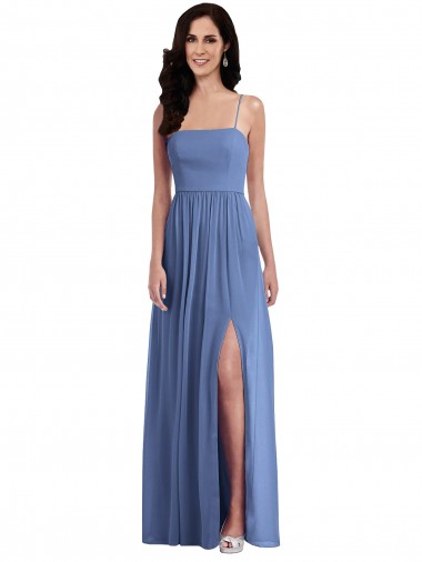 Soft Chiffon Low Back Long Spaghetti Straps Windsor Blue A-Line Semi Formal Evening Dress / Bridesmaid Dress Sudbury