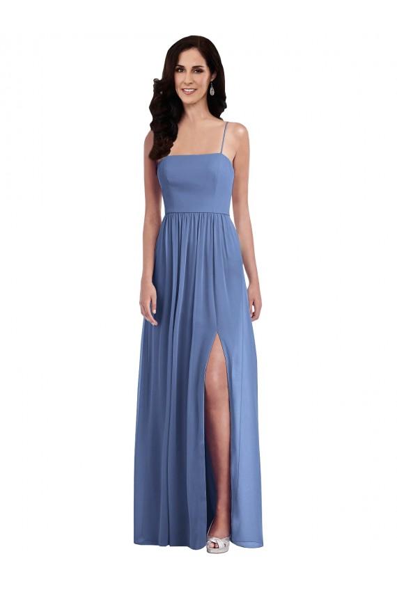 Soft Chiffon Low Back Long Spaghetti Straps Windsor Blue A-Line Semi Formal Evening Dress / Bridesmaid Dress Sudbury