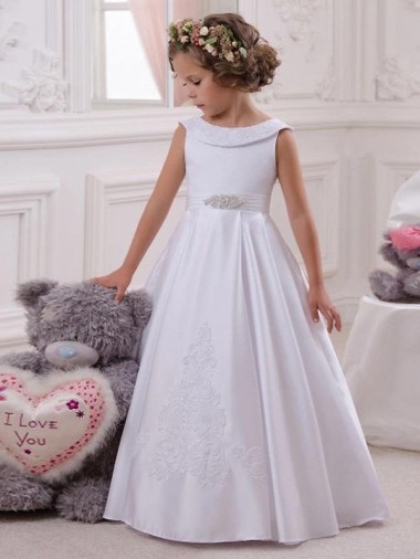 Satin & Lace Long Bateau Neck Ball Gown Flower Girl Dresses Sudbury