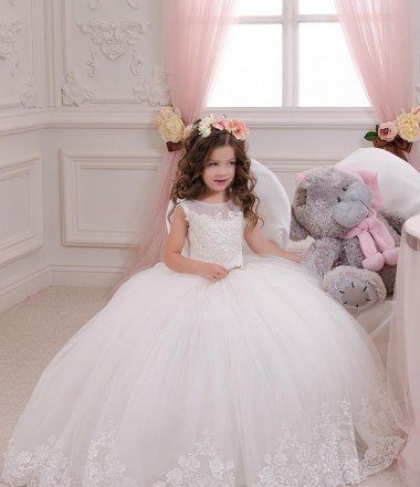 Tulle & Lace Chapel Train Bateau Neck Ball Gown Flower Girl Wedding Dress Sudbury