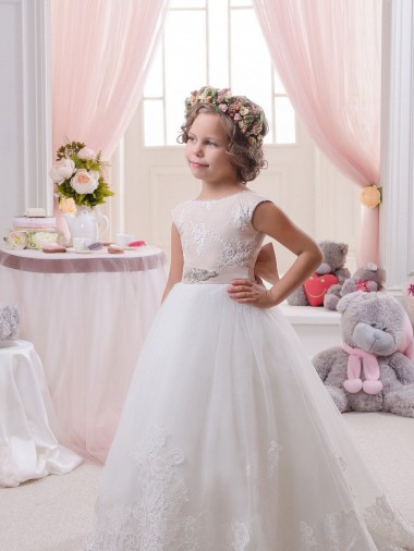 Tulle & Lace V-Back Chapel Train Bateau Neck Ball Gown Flower Girl Dresses Sudbury