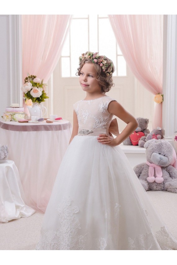 Tulle & Lace V-Back Chapel Train Bateau Neck Ball Gown Flower Girl Dresses Sudbury
