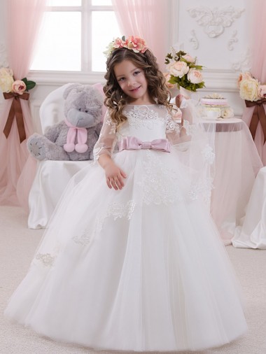Tulle & Lace Chapel Train Bateau Neck Ball Gowns Flower Girl Dress Sudbury