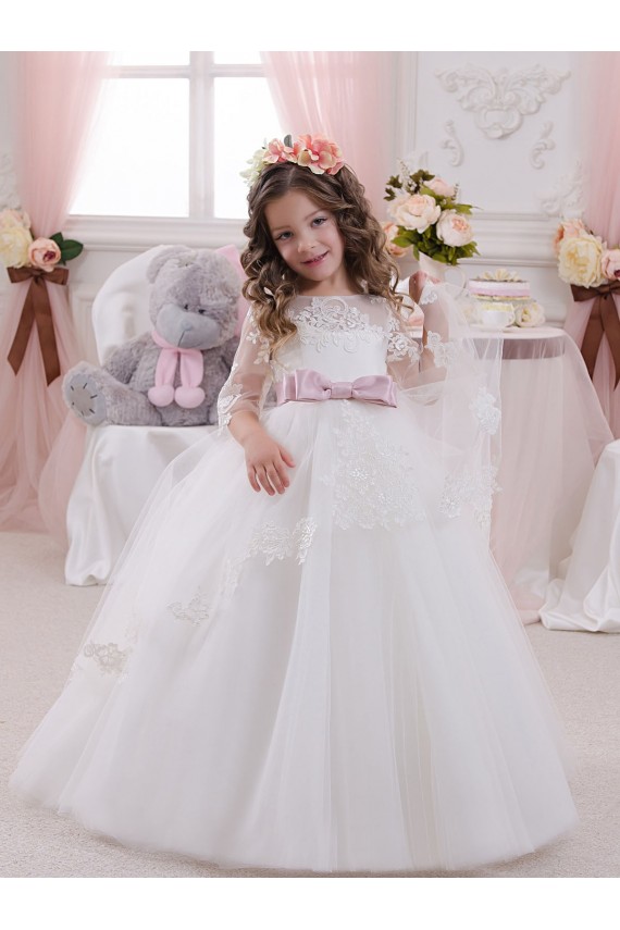 Tulle & Lace Chapel Train Bateau Neck Ball Gowns Flower Girl Dress Sudbury