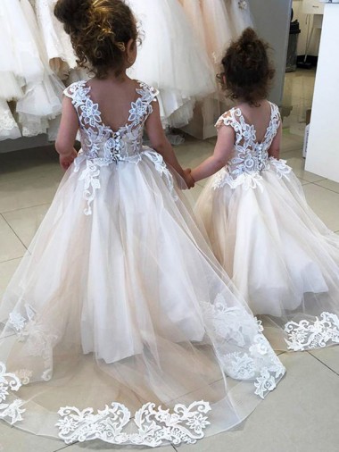 Tulle & Lace V-Back Chapel Train Bateau Neck Ball Gown Little Flower Girl Dress Sudbury