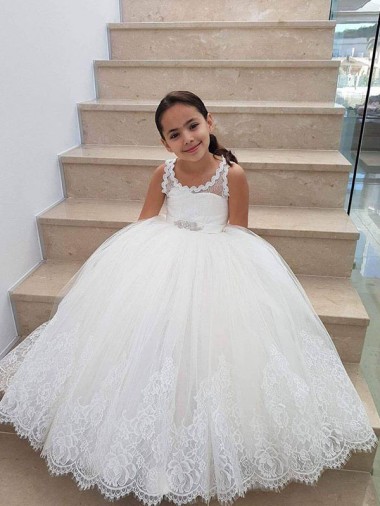 Tulle & Lace Keyhole Back Long High Neck Ball Gown Flower Girl Dress for Wedding Sudbury