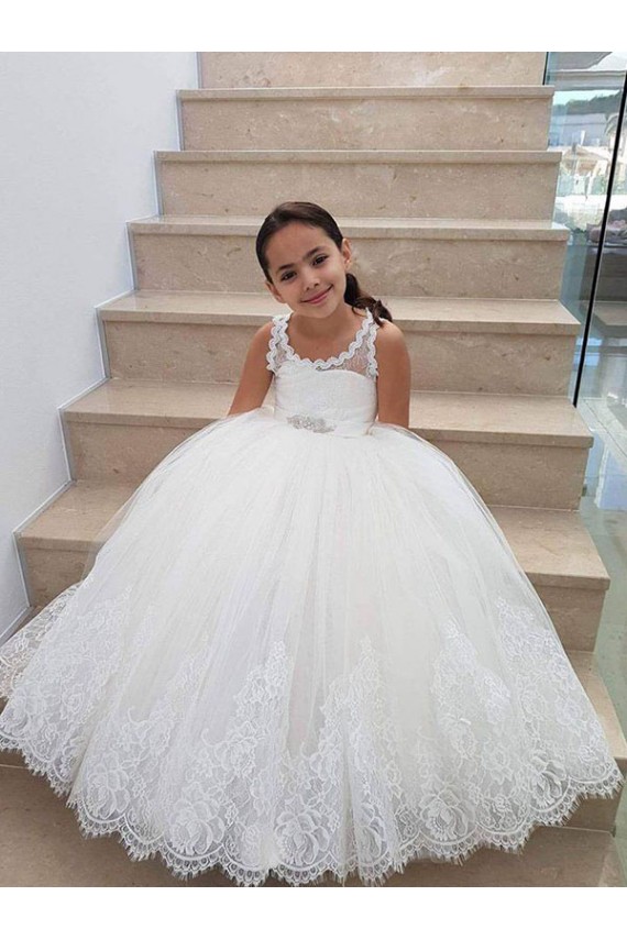 Tulle & Lace Keyhole Back Long High Neck Ball Gown Flower Girl Dress for Wedding Sudbury