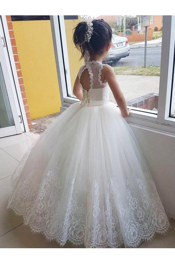 Tulle & Lace Keyhole Back Long High Neck Ball Gown Flower Girl Dress for Wedding Sudbury