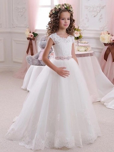 Tulle & Lace Keyhole Back Long High Neck Ball Gowns Flower Girl Dress Sudbury